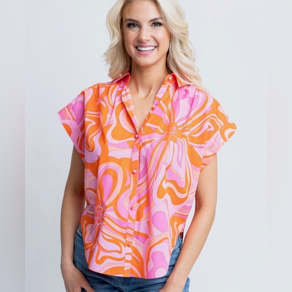 Karlie Women’s 70's Floral Button Cap Sleeve Blouse Large Pink Purple Orange - Picture 1 of 8
